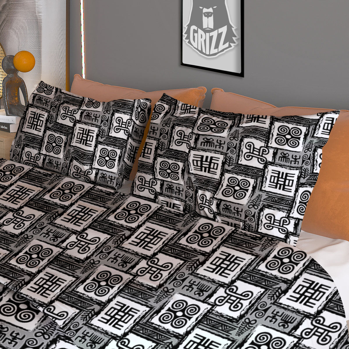 Adinkra Symbols Grey African Print Duvet Cover Bedding Set