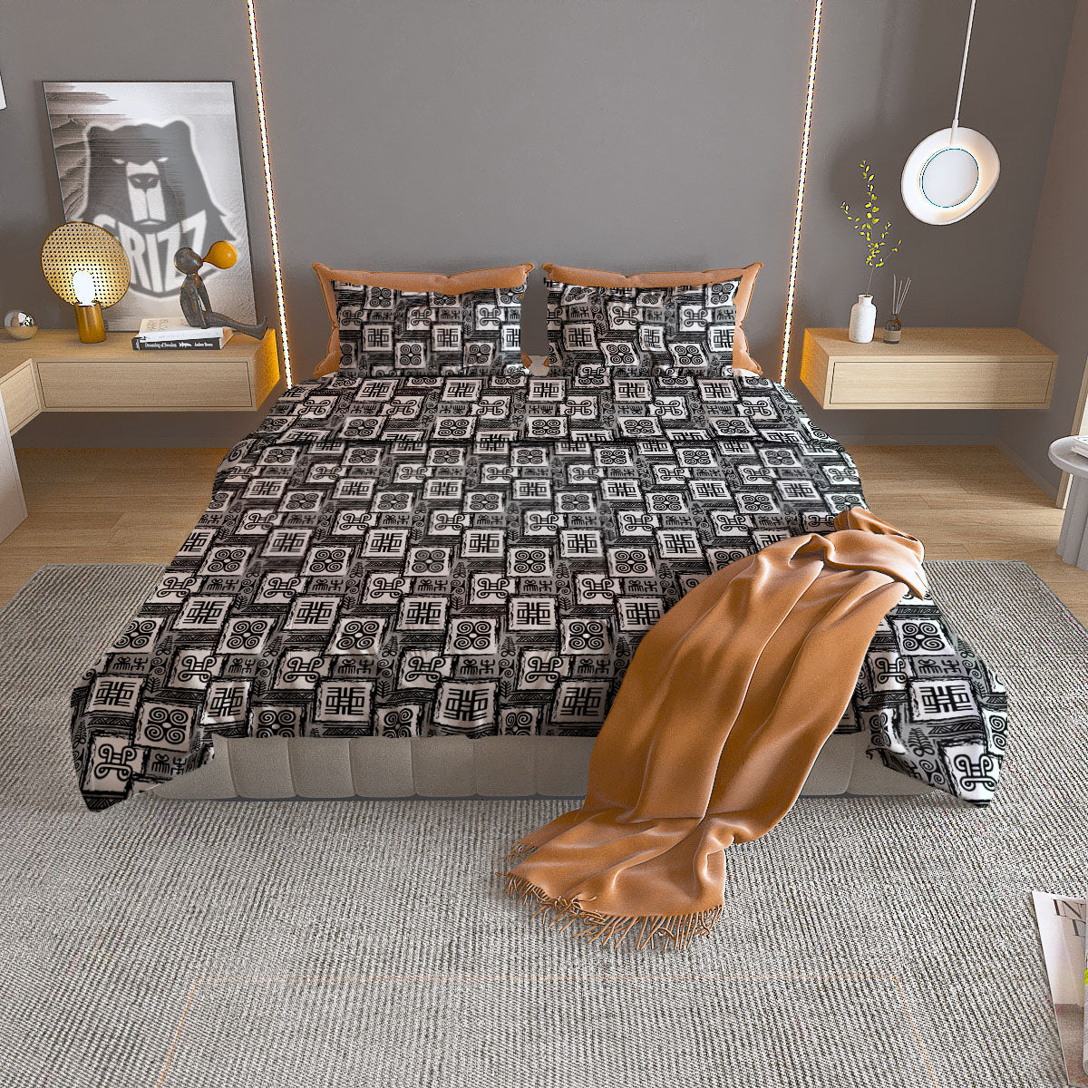 Adinkra Symbols Grey African Print Duvet Cover Bedding Set