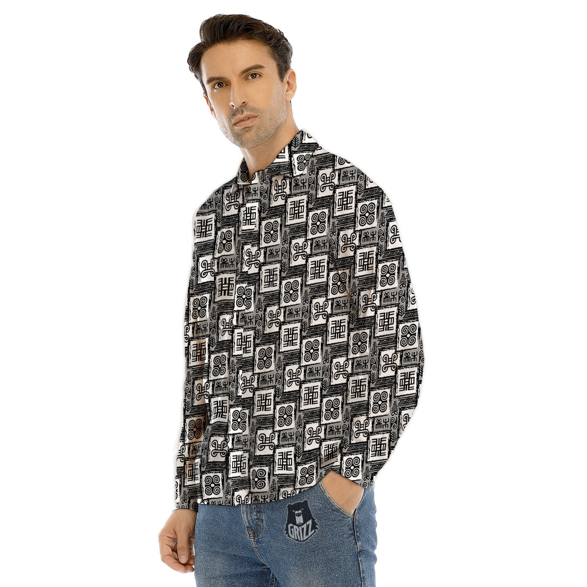 Adinkra Symbols Grey African Print Men's Dress Shirts-grizzshop