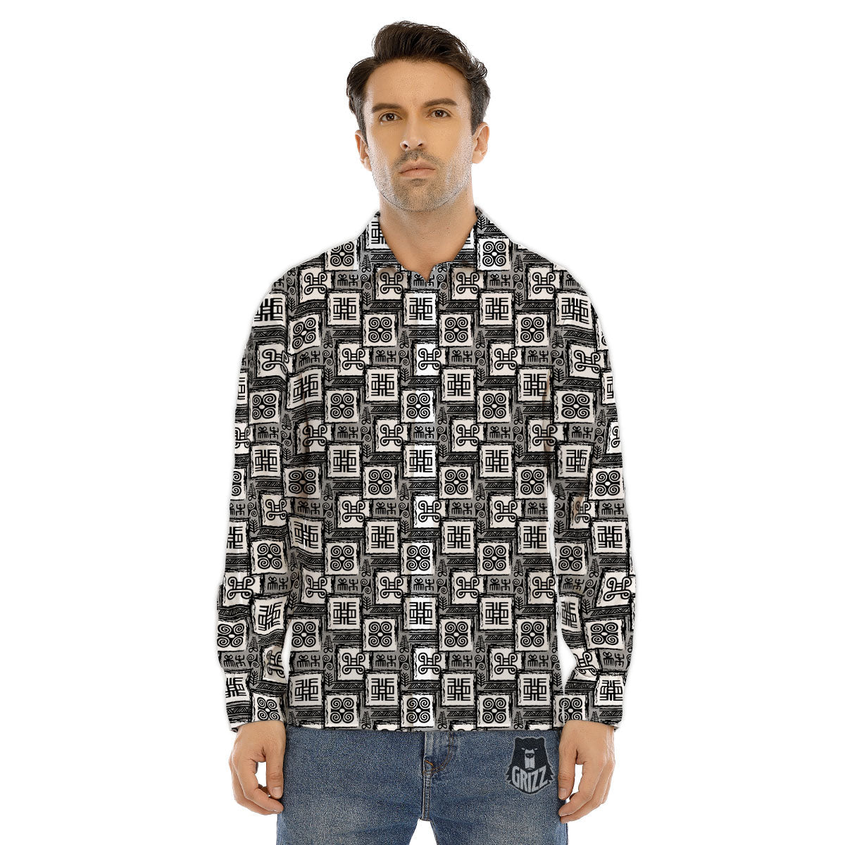 Adinkra Symbols Grey African Print Men's Dress Shirts-grizzshop