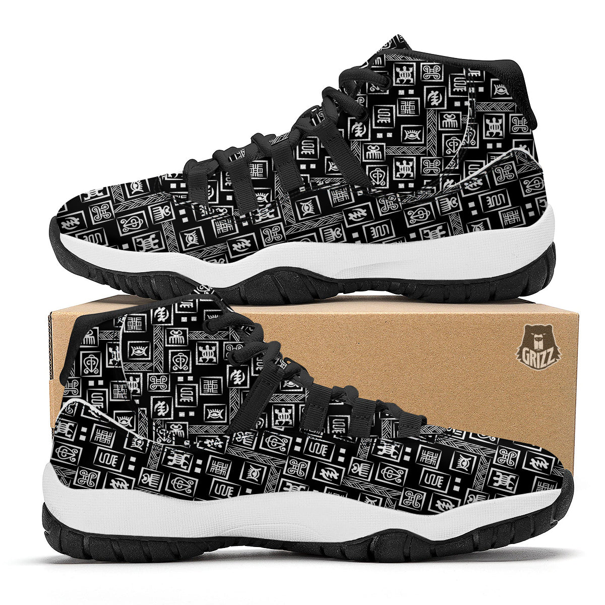 Adinkra Symbols White And Black Print Pattern Black Bball Shoes-grizzshop