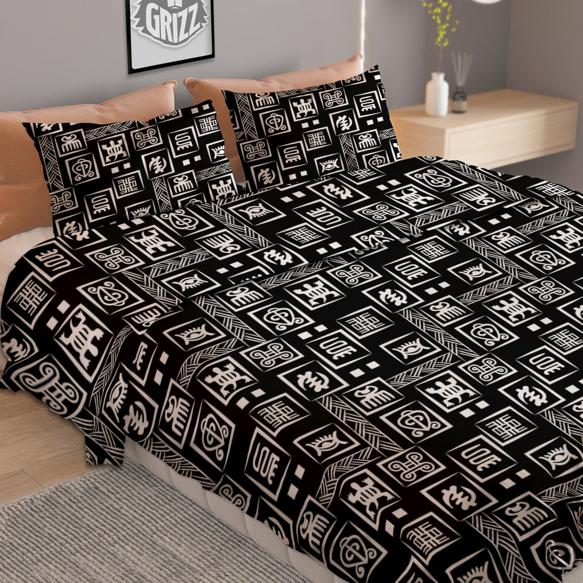 Adinkra Symbols White And Black Print Pattern Duvet Cover Bedding Set