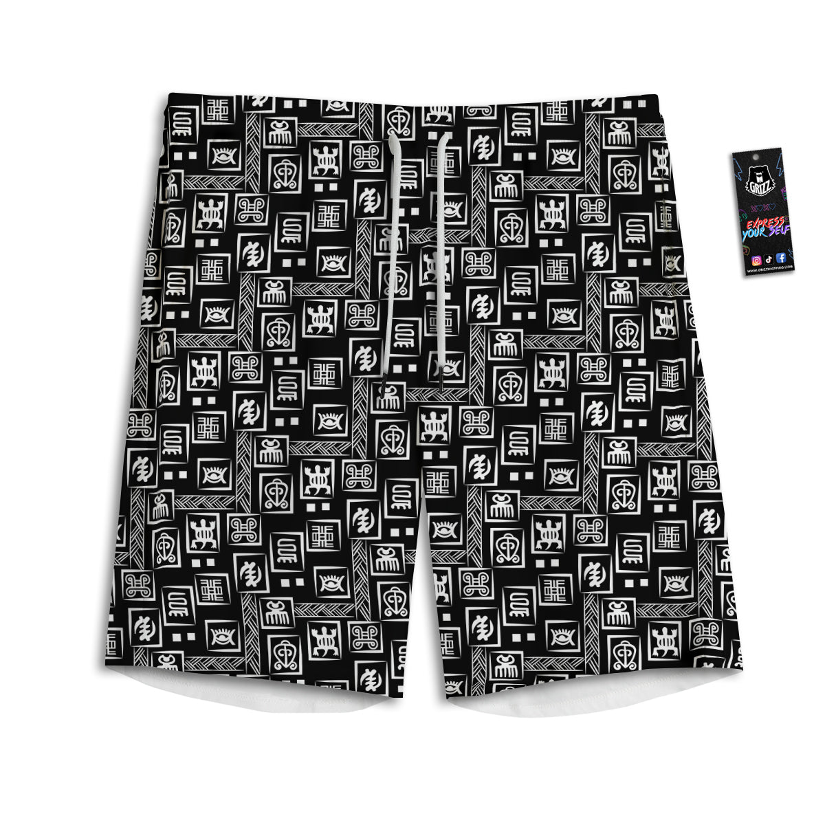 Adinkra Symbols White And Black Print Pattern Men's Athletic Shorts
