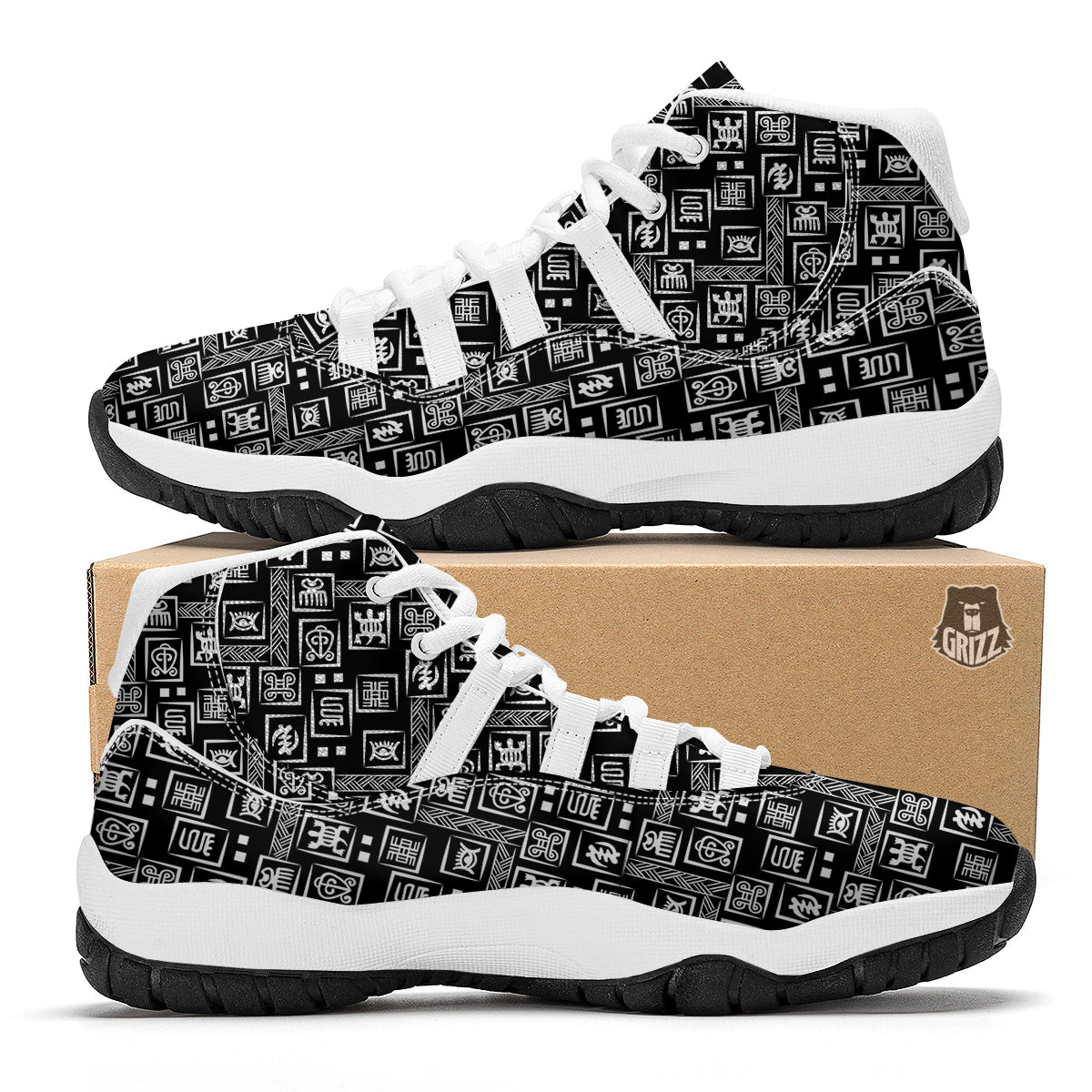 Adinkra Symbols White And Black Print Pattern White Bball Shoes-grizzshop