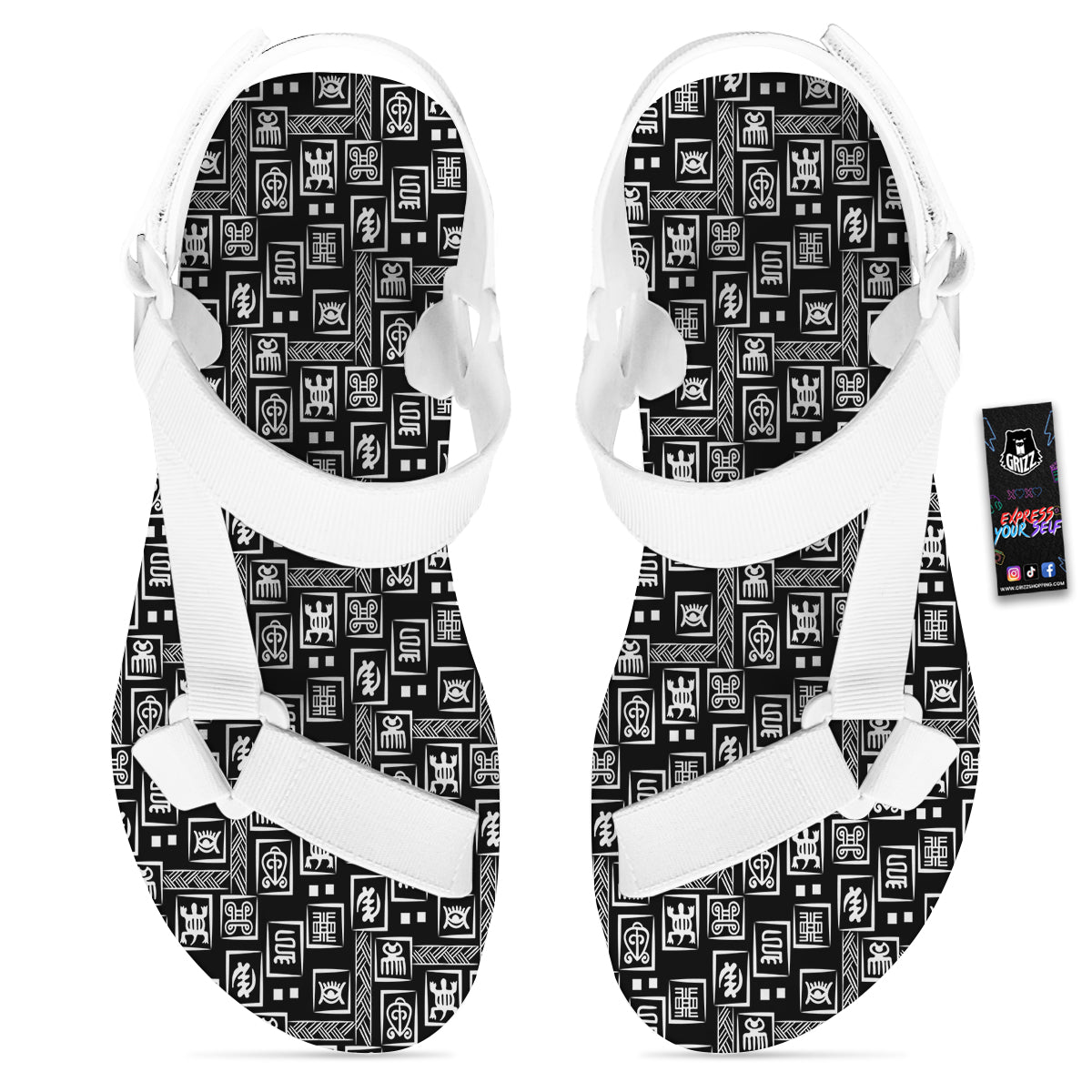 Adinkra Symbols White And Black Print Pattern White Open Toe Sandals-grizzshop