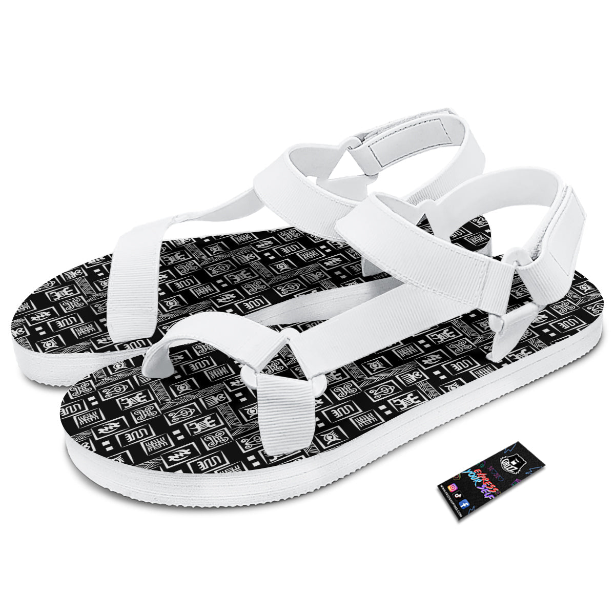 Adinkra Symbols White And Black Print Pattern White Open Toe Sandals-grizzshop