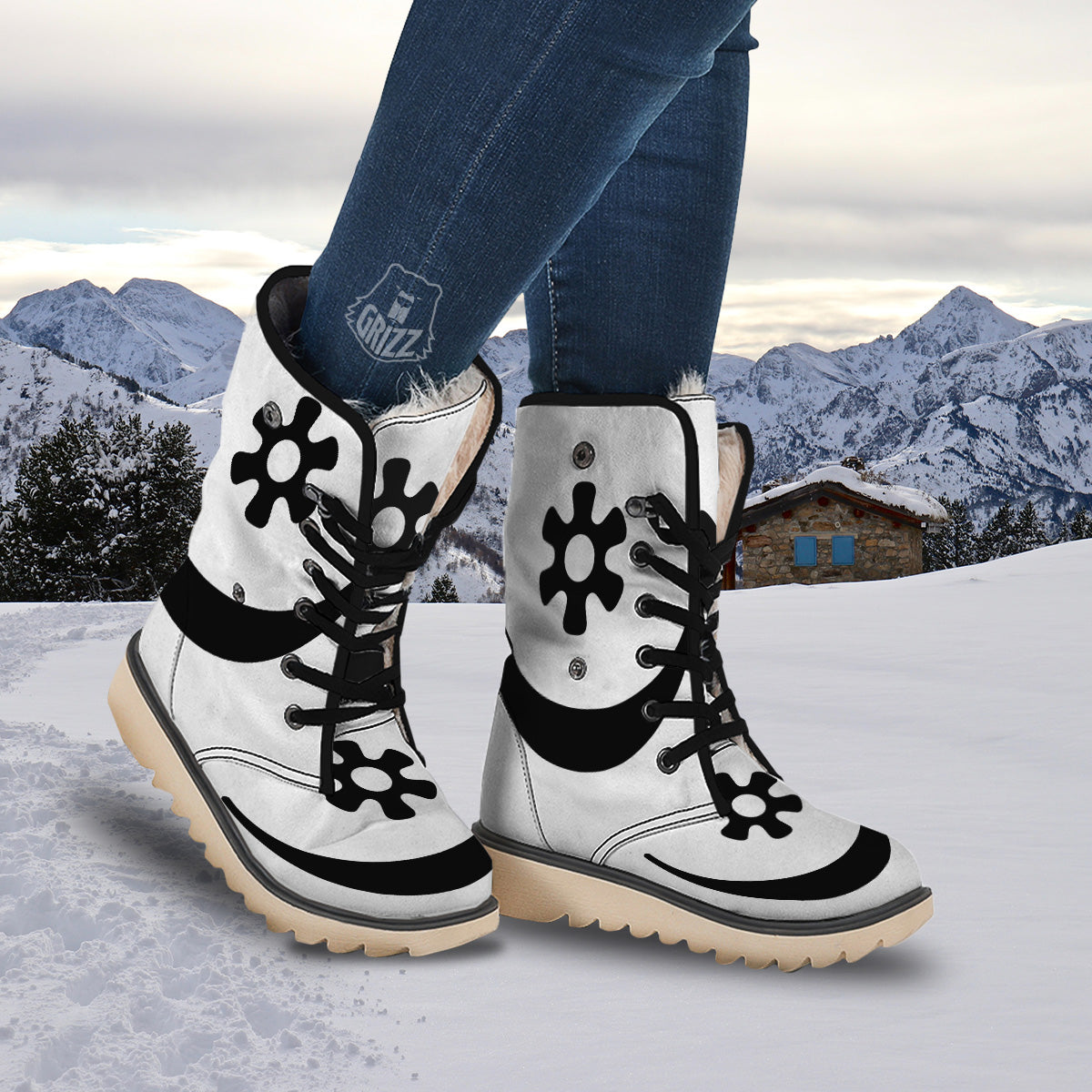 White And Black Winter Boots 2026.Adinkra Tribe Symbols White And Black Snow Boots