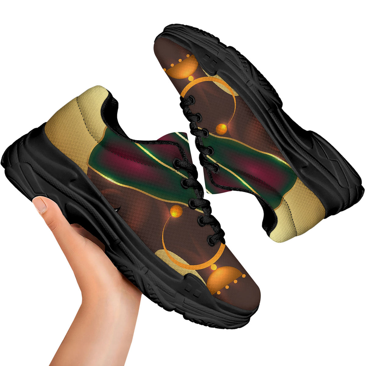 African Afro Gold And Black Print Black Chunky Shoes-grizzshop