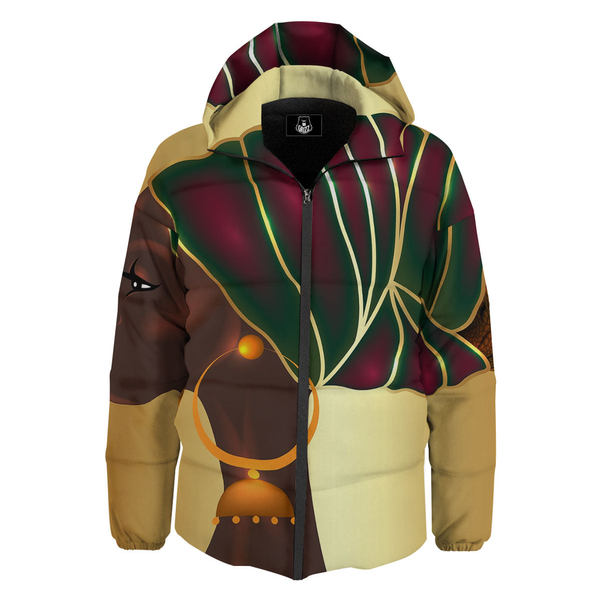 African Afro Gold And Black Print Down Jacket-grizzshop