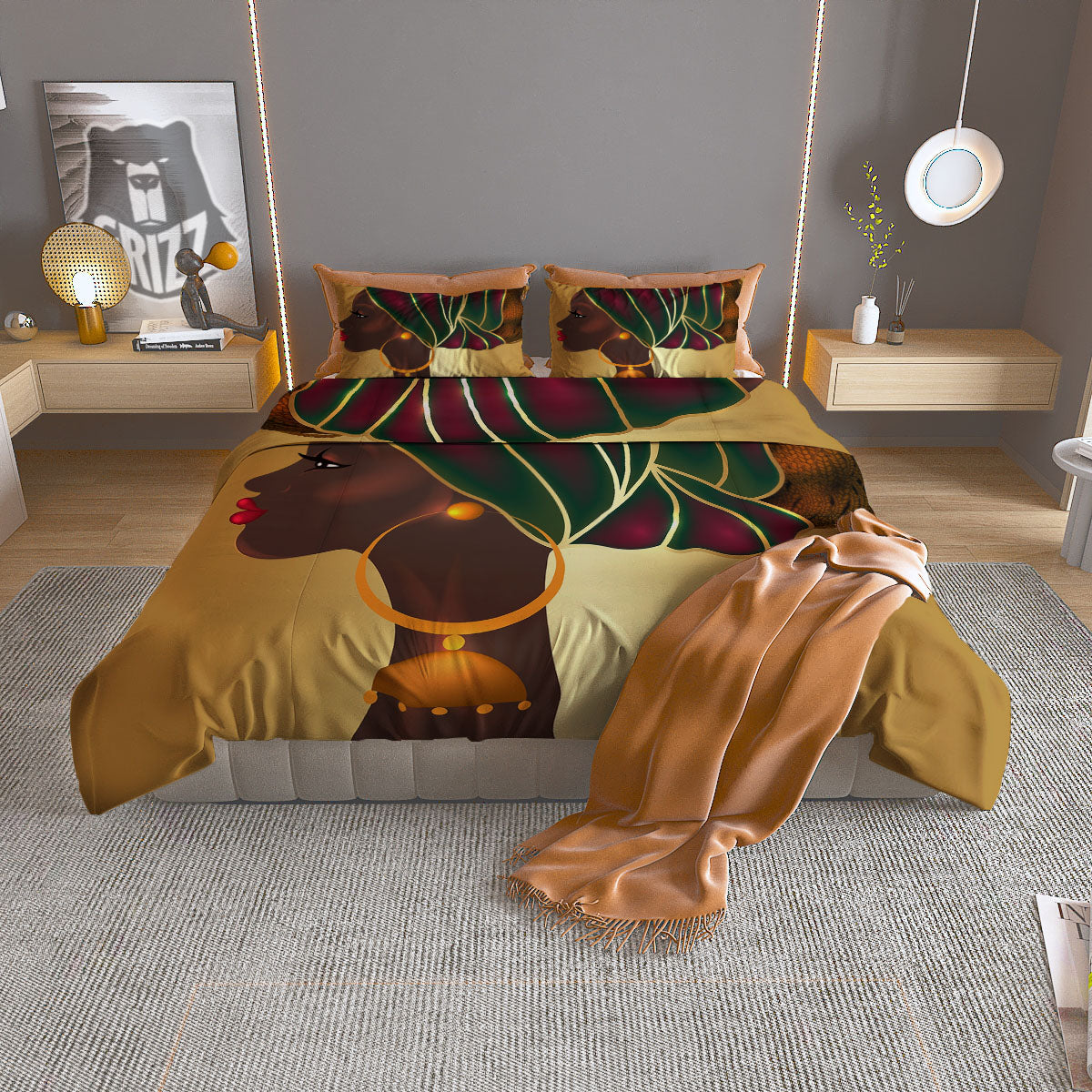 African Afro Gold And Black Print Duvet Cover Bedding Set