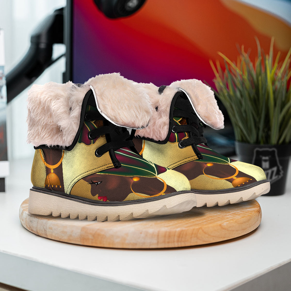 African Afro Gold And Black Print Snow Boots-grizzshop