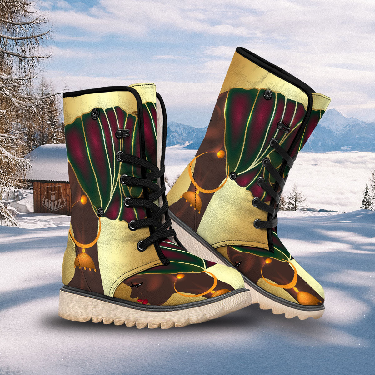 African Afro Gold And Black Print Snow Boots-grizzshop