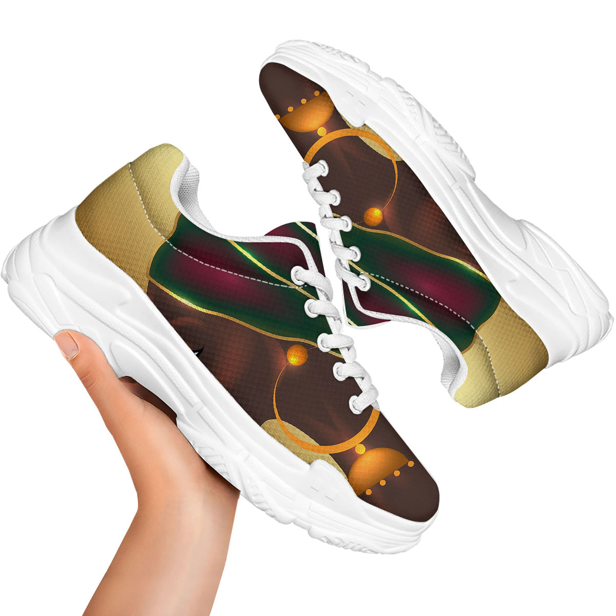 African Afro Gold And Black Print White Chunky Shoes-grizzshop