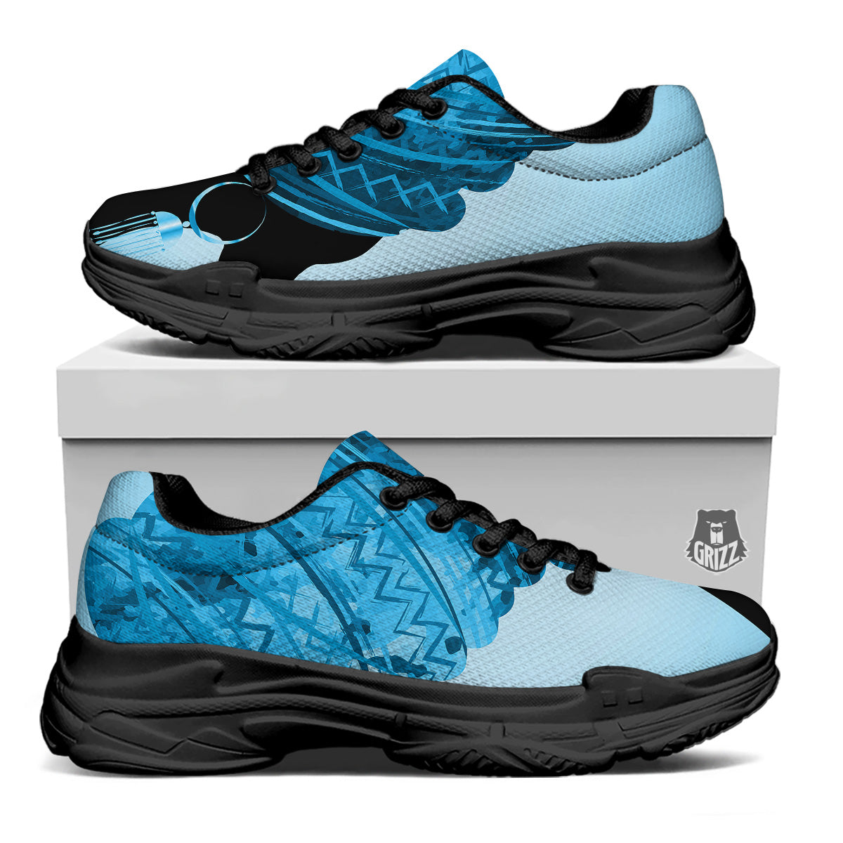 African Dashiki Black And Blue Print Black Chunky Shoes-grizzshop