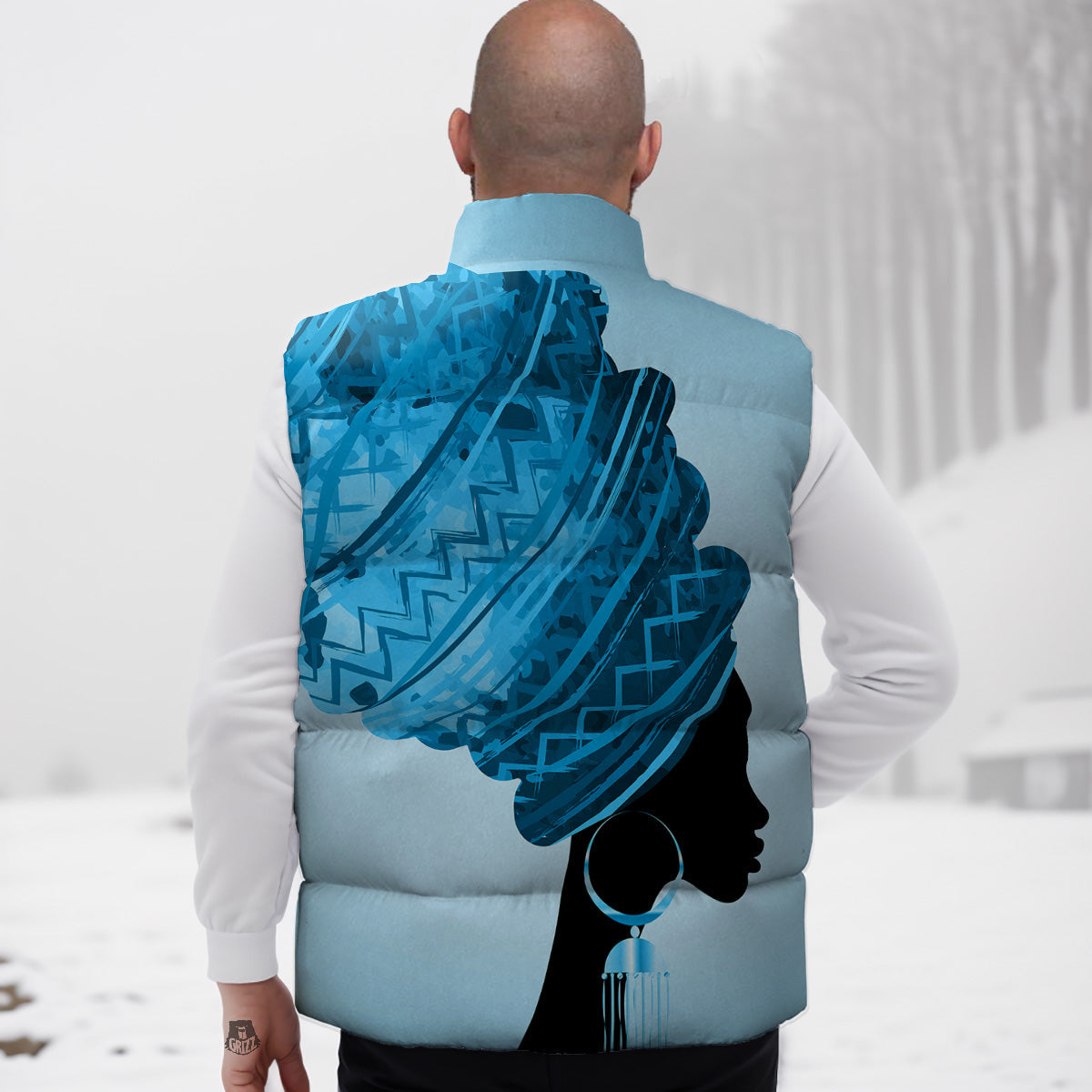 African Dashiki Black And Blue Print Down Vest