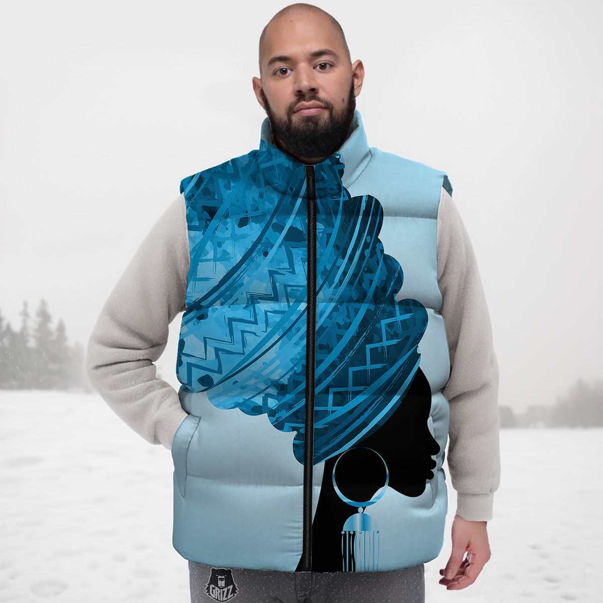 African Dashiki Black And Blue Print Down Vest
