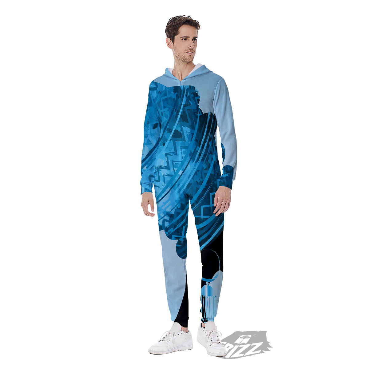 African Dashiki Black And Blue Print Men's Jumpsuit-grizzshop