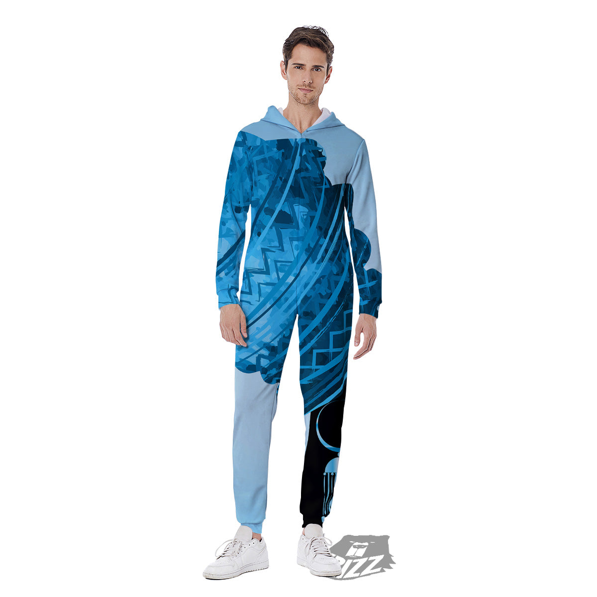 African Dashiki Black And Blue Print Men's Jumpsuit-grizzshop