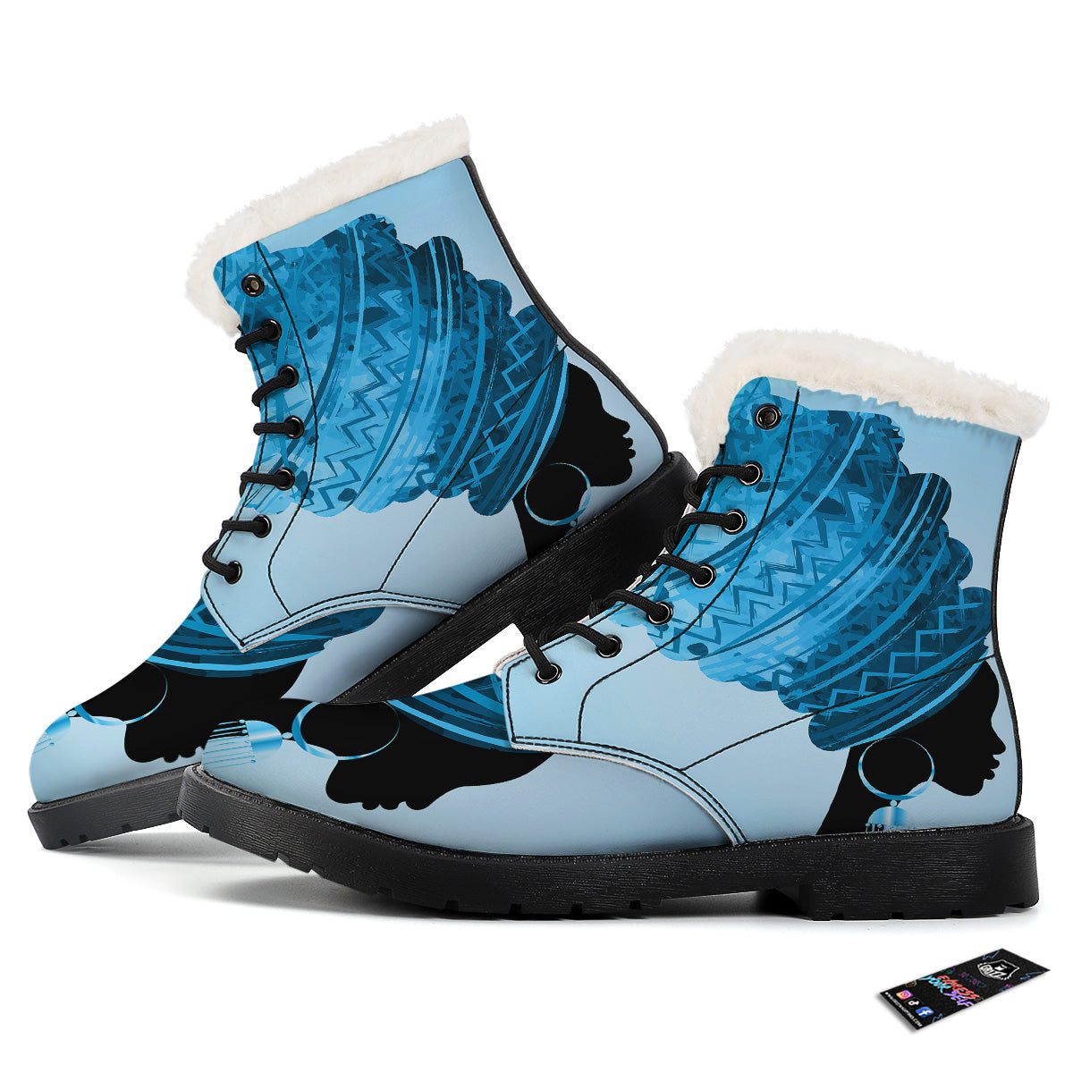 African Dashiki Black And Blue Print Winter Boots-grizzshop