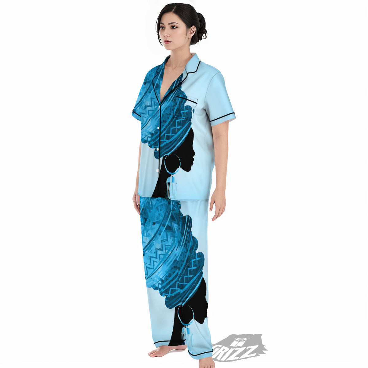 African Dashiki Black And Blue Print Women's Pajamas Set-grizzshop