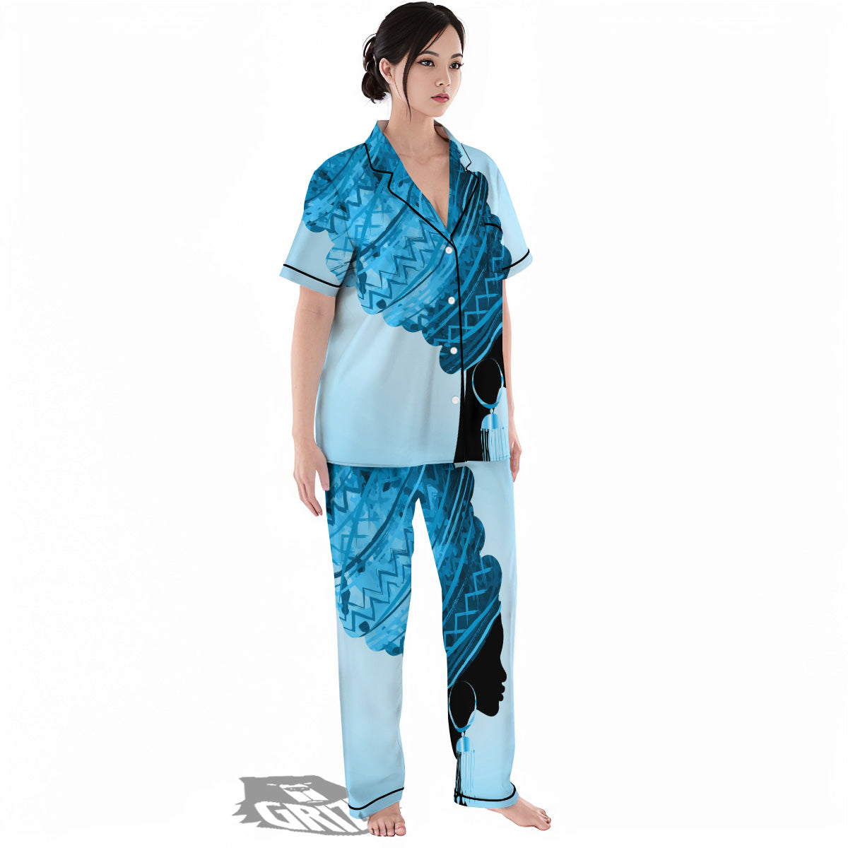 African Dashiki Black And Blue Print Women's Pajamas Set-grizzshop