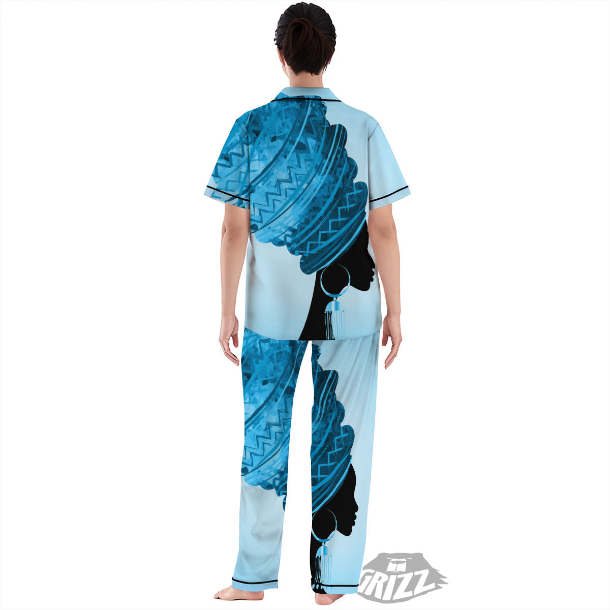 African Dashiki Black And Blue Print Women's Pajamas Set-grizzshop