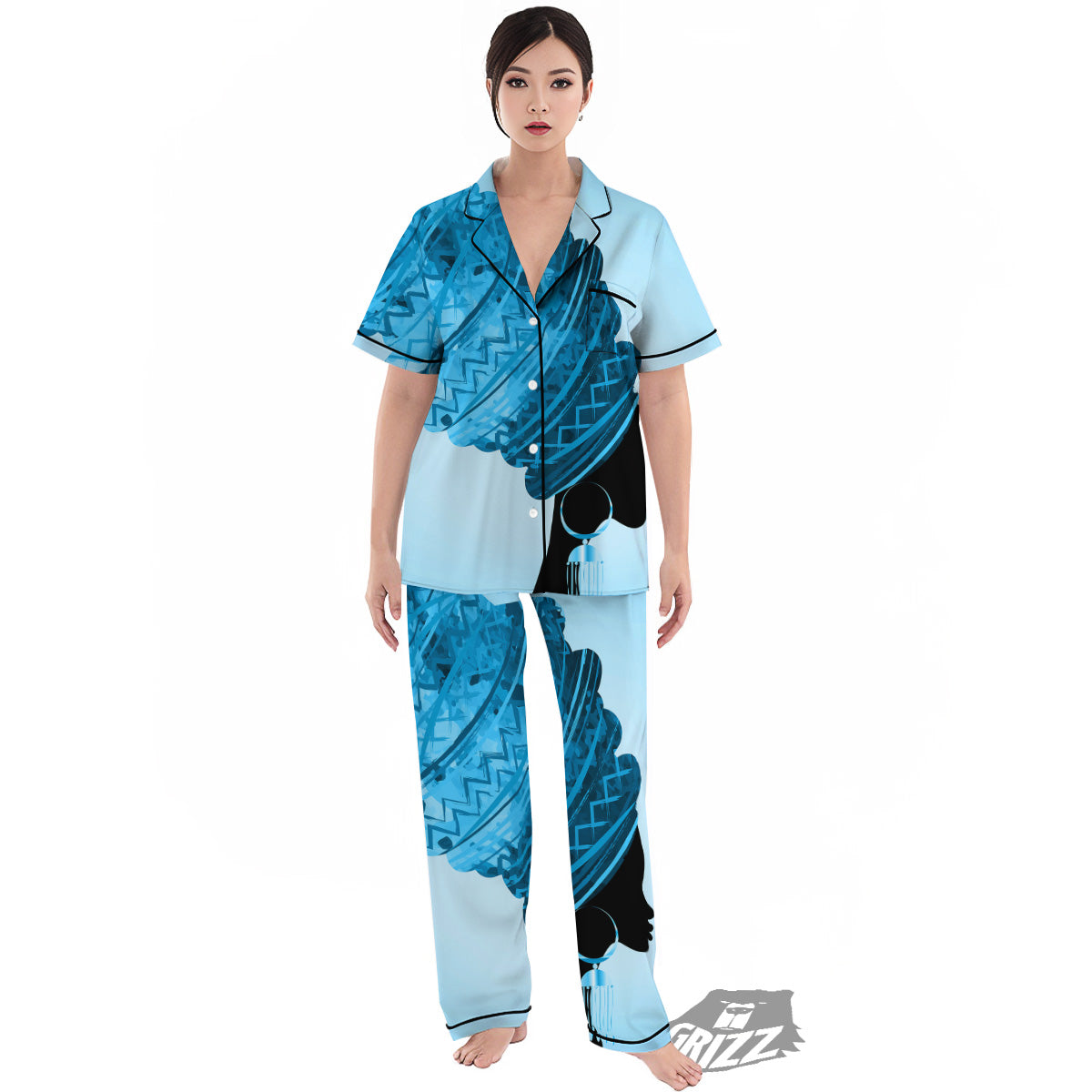 African Dashiki Black And Blue Print Women's Pajamas Set-grizzshop