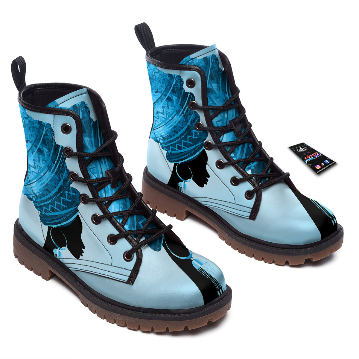 African Dashiki Black And Blue Print Work Boots-grizzshop