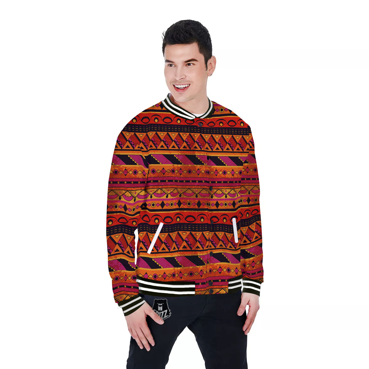 African Dashiki Black And Orange Print Baseball Jacket-grizzshop
