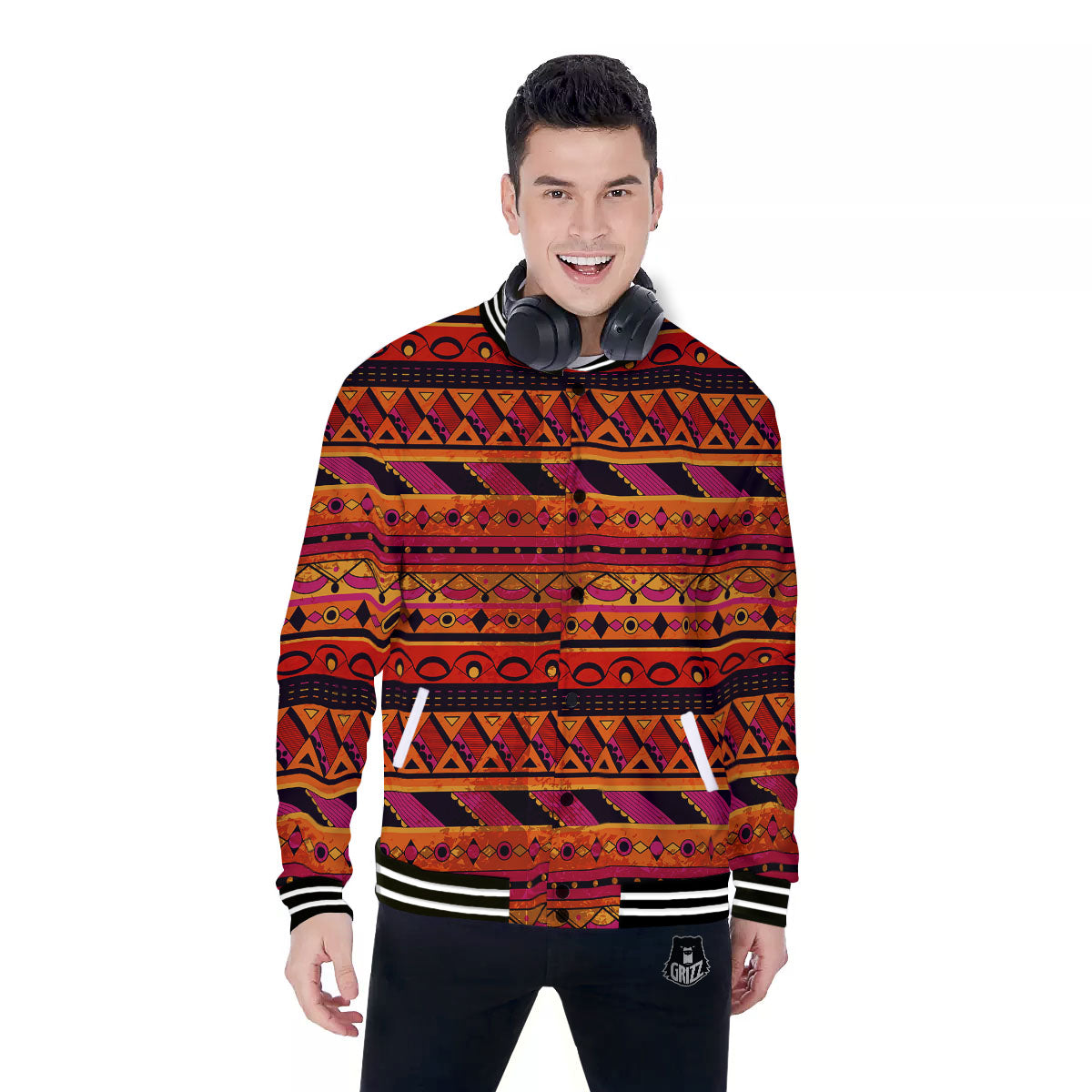 African Dashiki Black And Orange Print Baseball Jacket-grizzshop