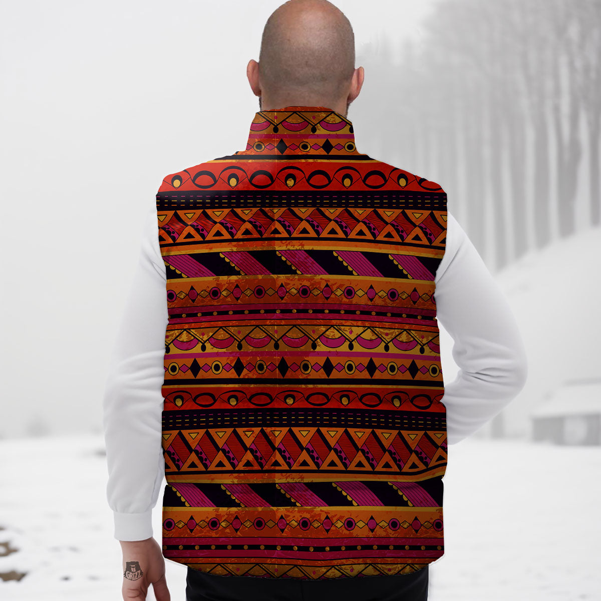African Dashiki Black And Orange Print Down Vest