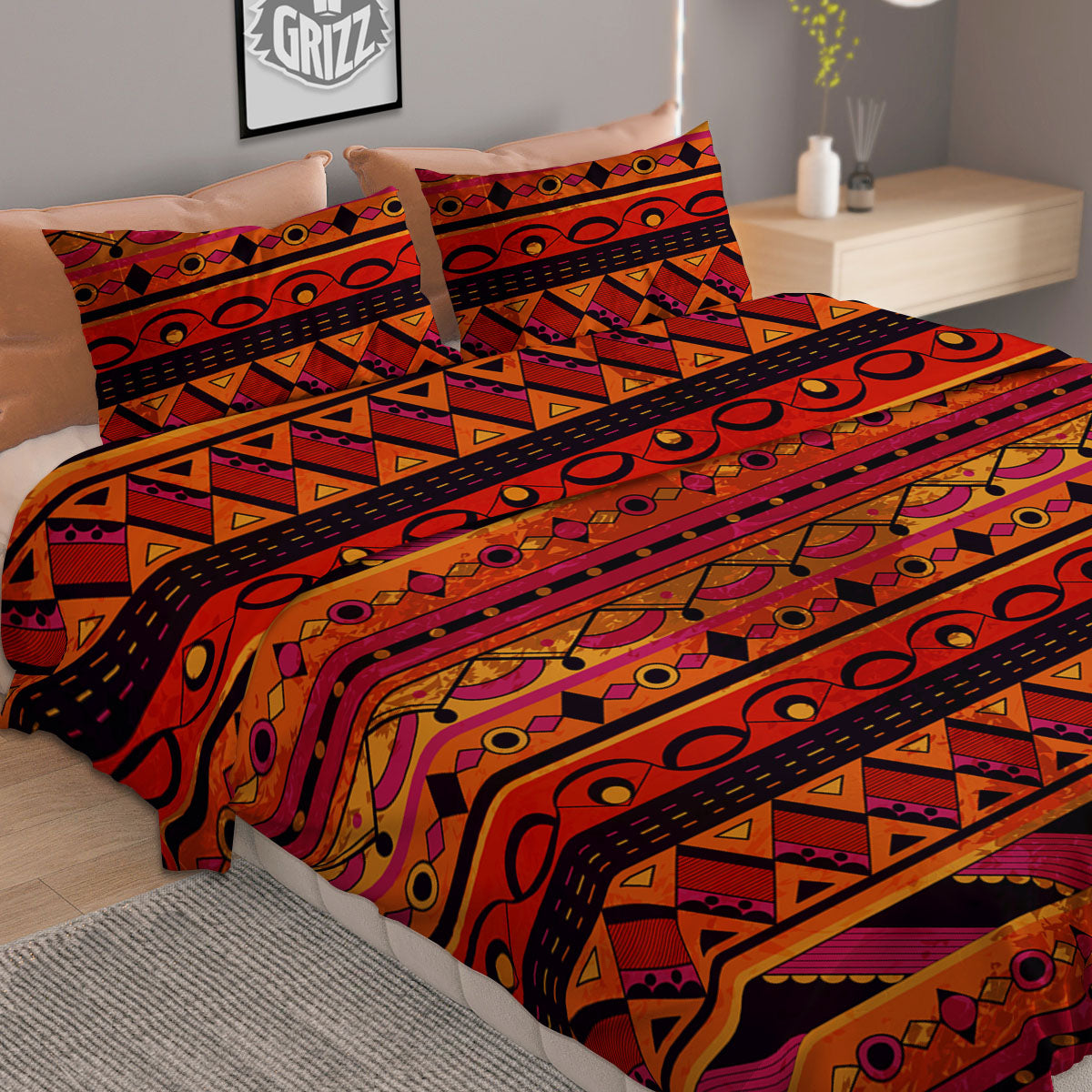 African Dashiki Black And Orange Print Duvet Cover Bedding Set