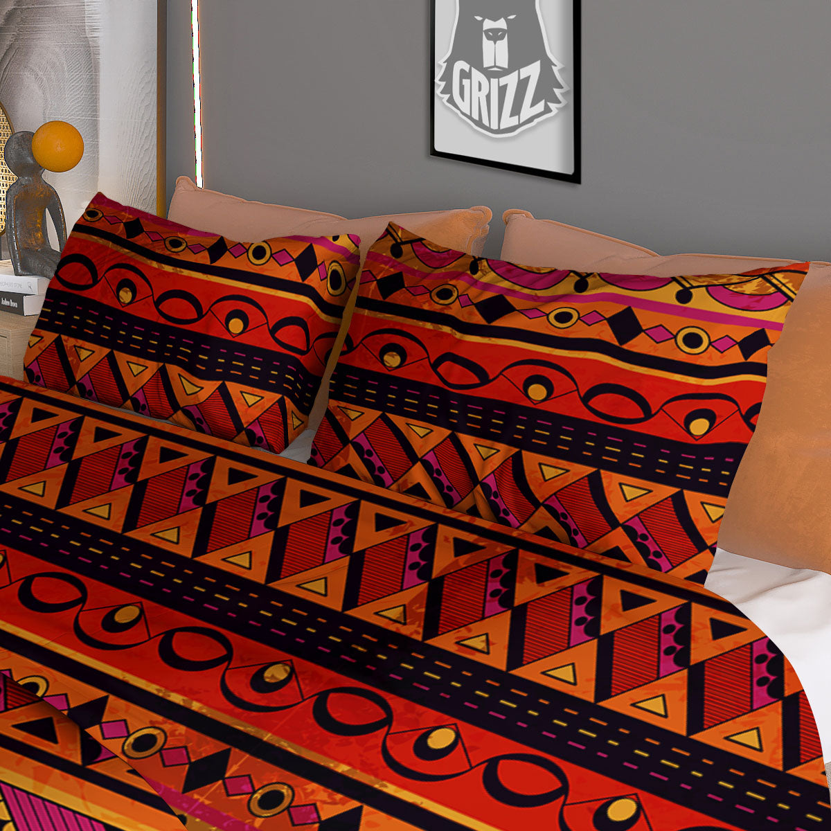 African Dashiki Black And Orange Print Duvet Cover Bedding Set