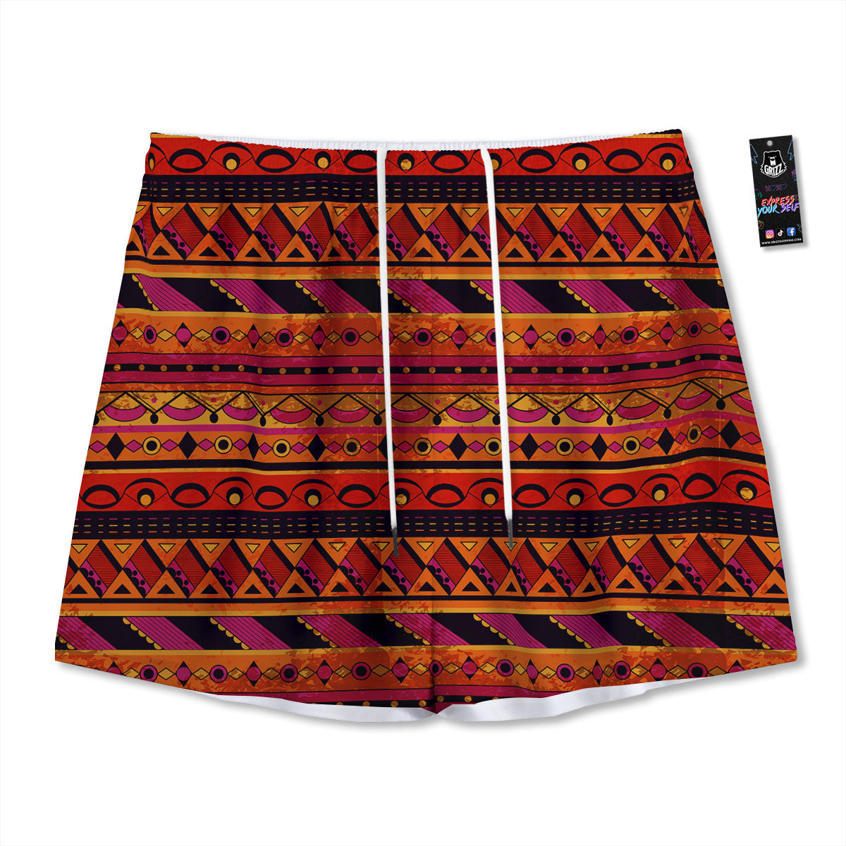 African Dashiki Black And Orange Print Mesh Shorts