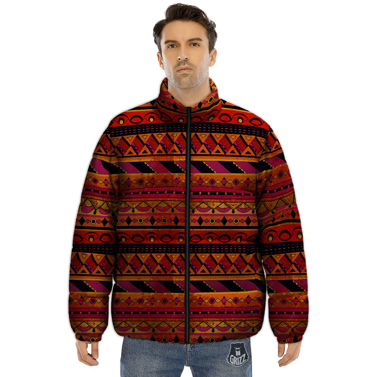 African Dashiki Black And Orange Print Puffer Jacket-grizzshop