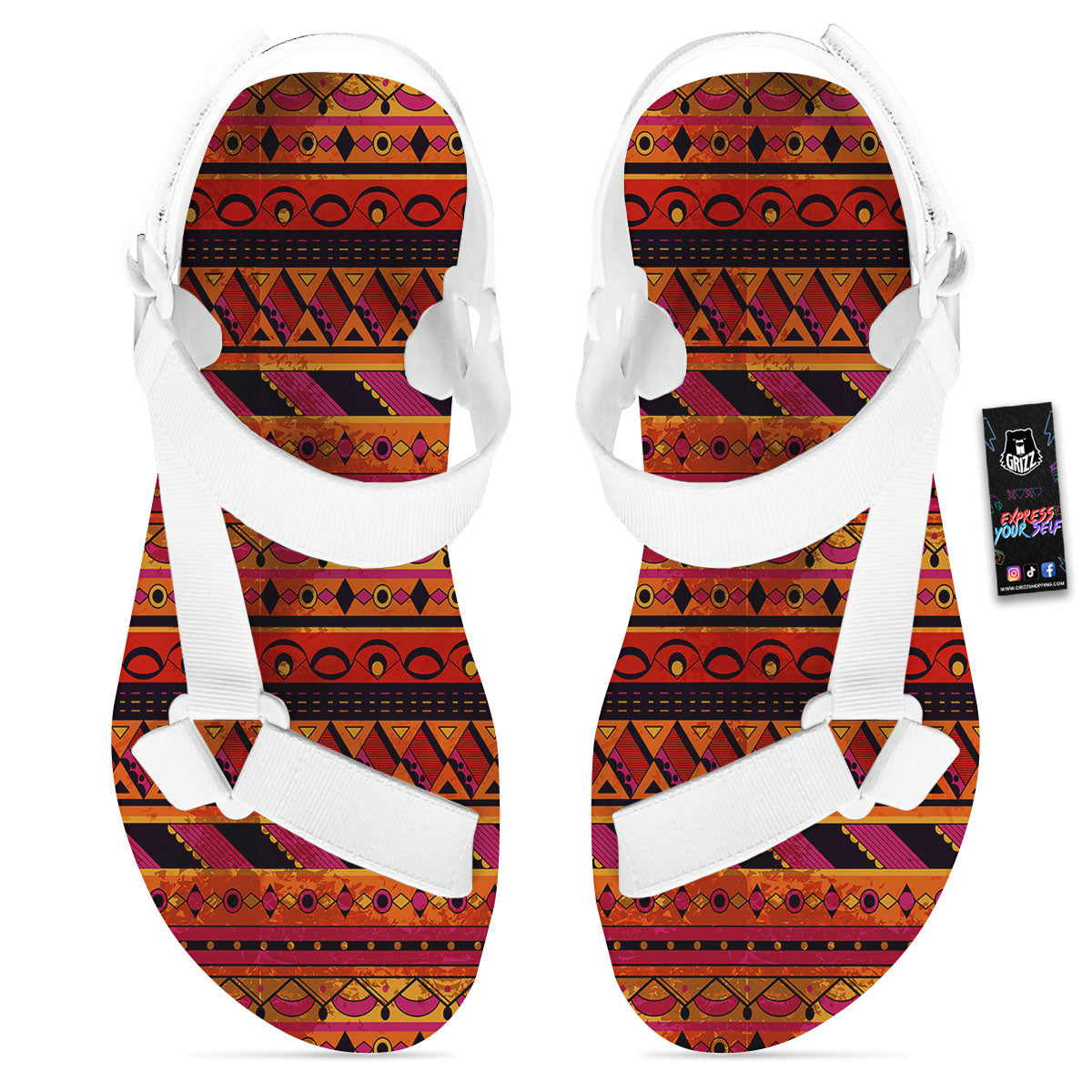 African Dashiki Black And Orange Print White Open Toe Sandals-grizzshop