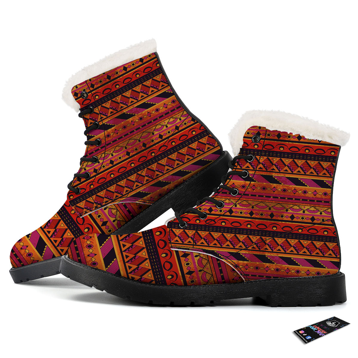 African Dashiki Black And Orange Print Winter Boots-grizzshop