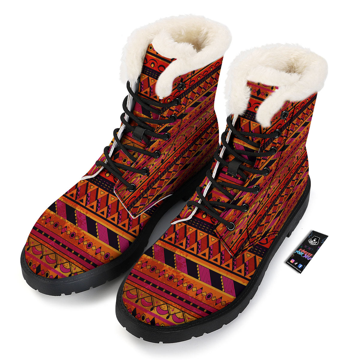 African Dashiki Black And Orange Print Winter Boots-grizzshop