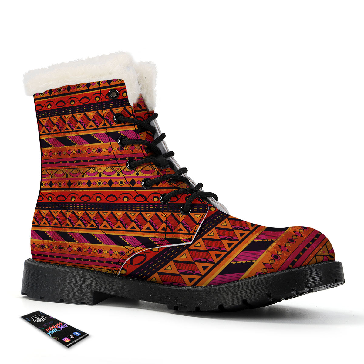 African Dashiki Black And Orange Print Winter Boots-grizzshop