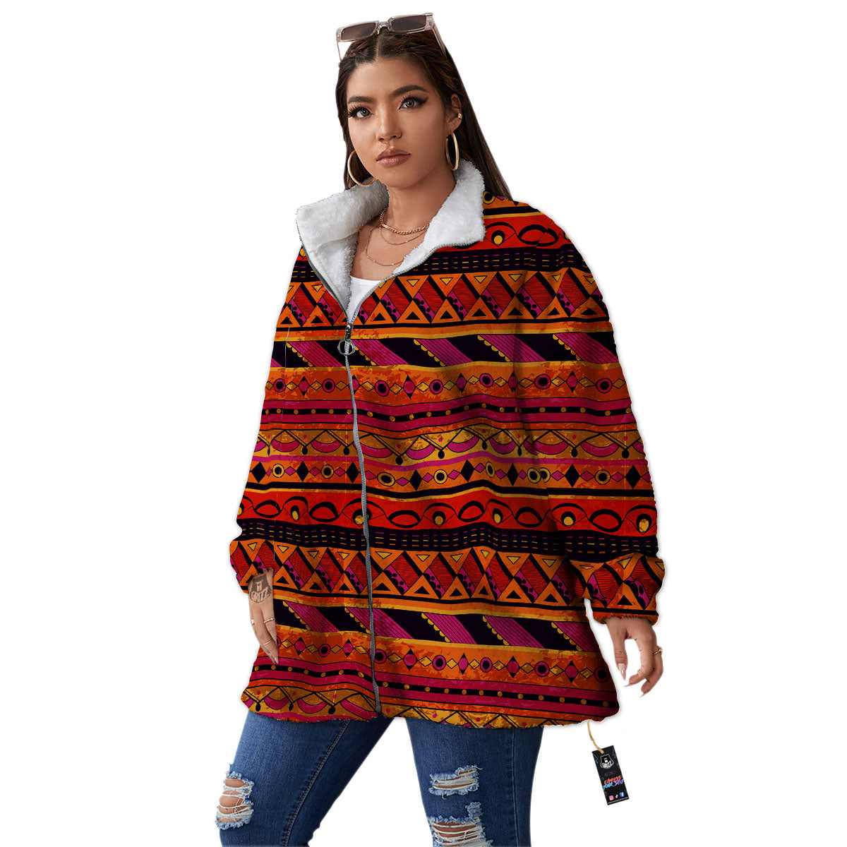 African Dashiki Black And Orange Print Women's Sherpa Jacket-grizzshop