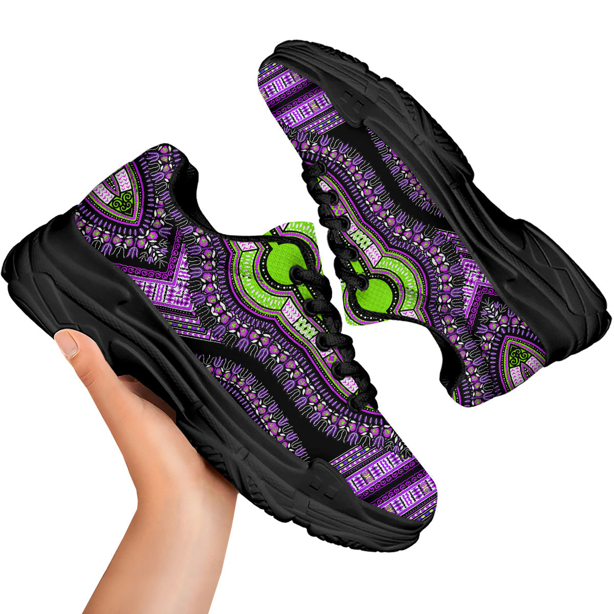 African Dashiki Purple And Black Print Black Chunky Shoes-grizzshop