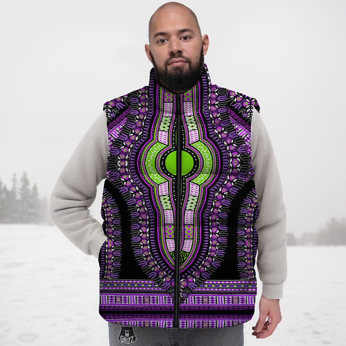 African Dashiki Purple And Black Print Down Vest