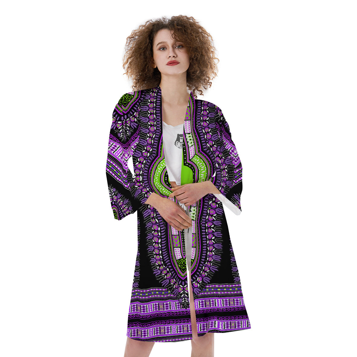African Dashiki Purple And Black Print Kimono-grizzshop