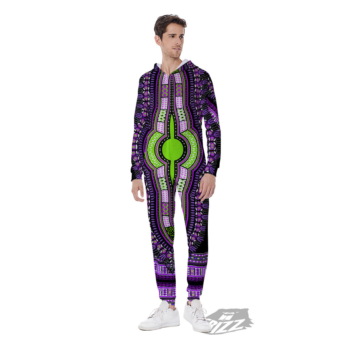 African Dashiki Purple And Black Print Men's Jumpsuit-grizzshop