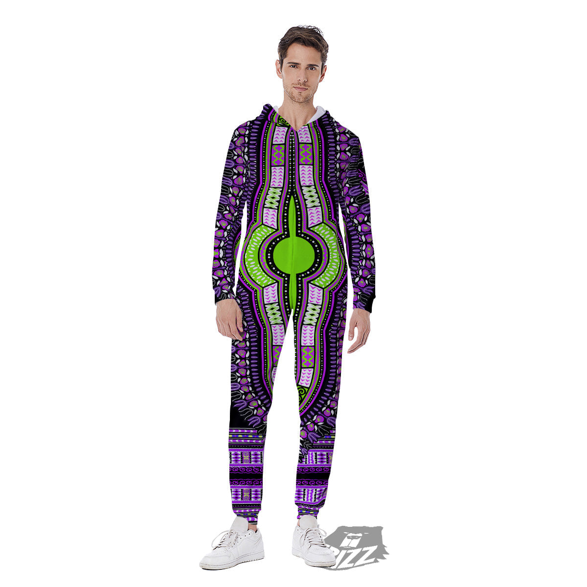 African Dashiki Purple And Black Print Men's Jumpsuit-grizzshop