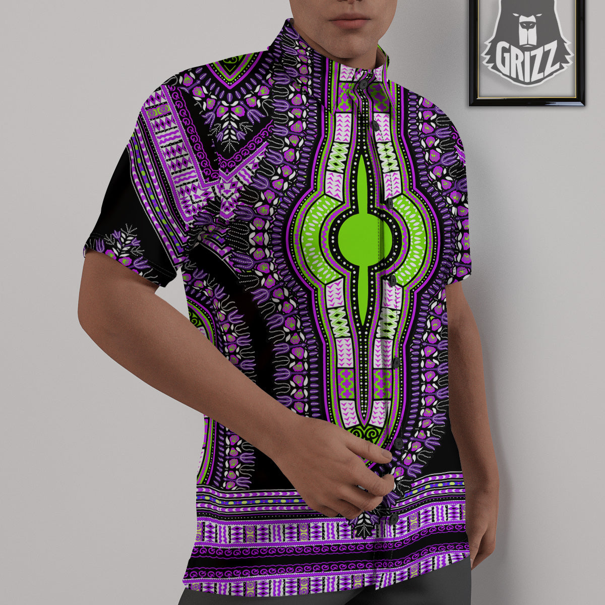 African Dashiki Purple And Black Print Untucked Shirts-grizzshop
