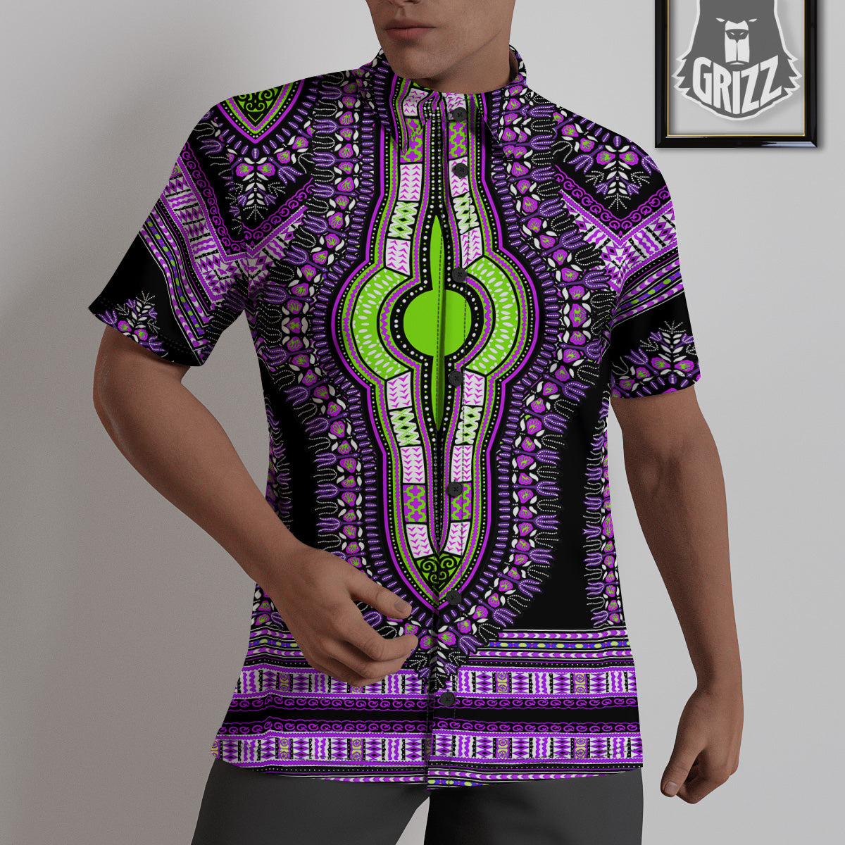 African Dashiki Purple And Black Print Untucked Shirts-grizzshop
