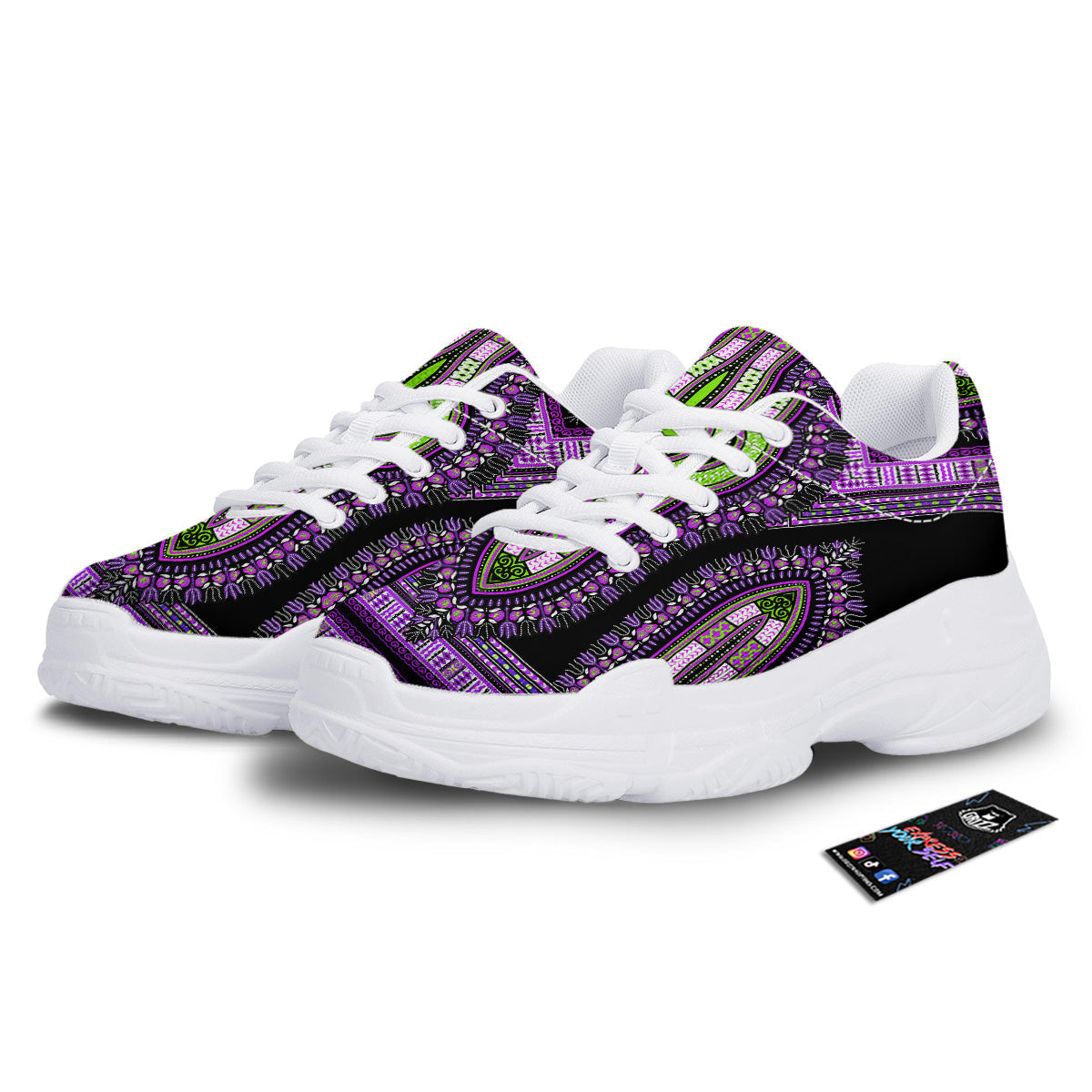 African Dashiki Purple And Black Print White Chunky Shoes-grizzshop