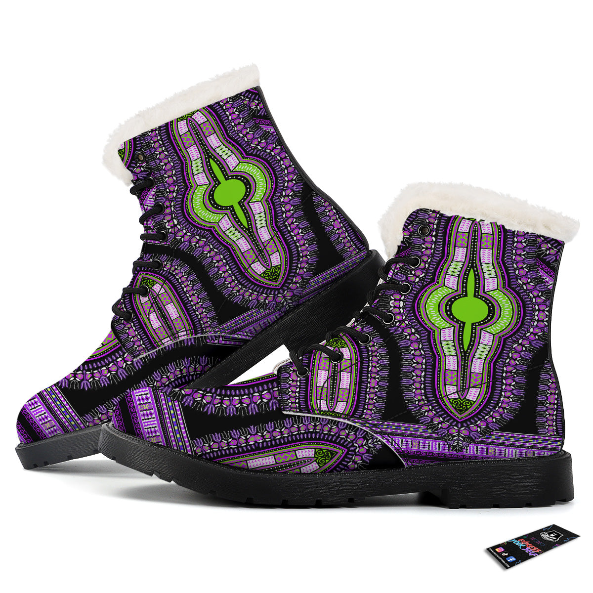 African Dashiki Purple And Black Print Winter Boots-grizzshop