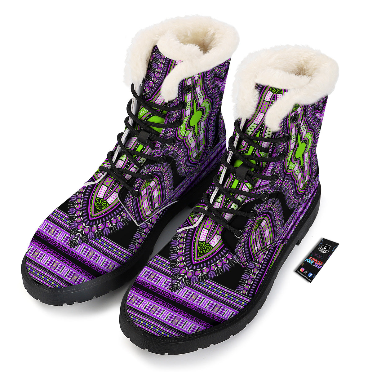 African Dashiki Purple And Black Print Winter Boots-grizzshop